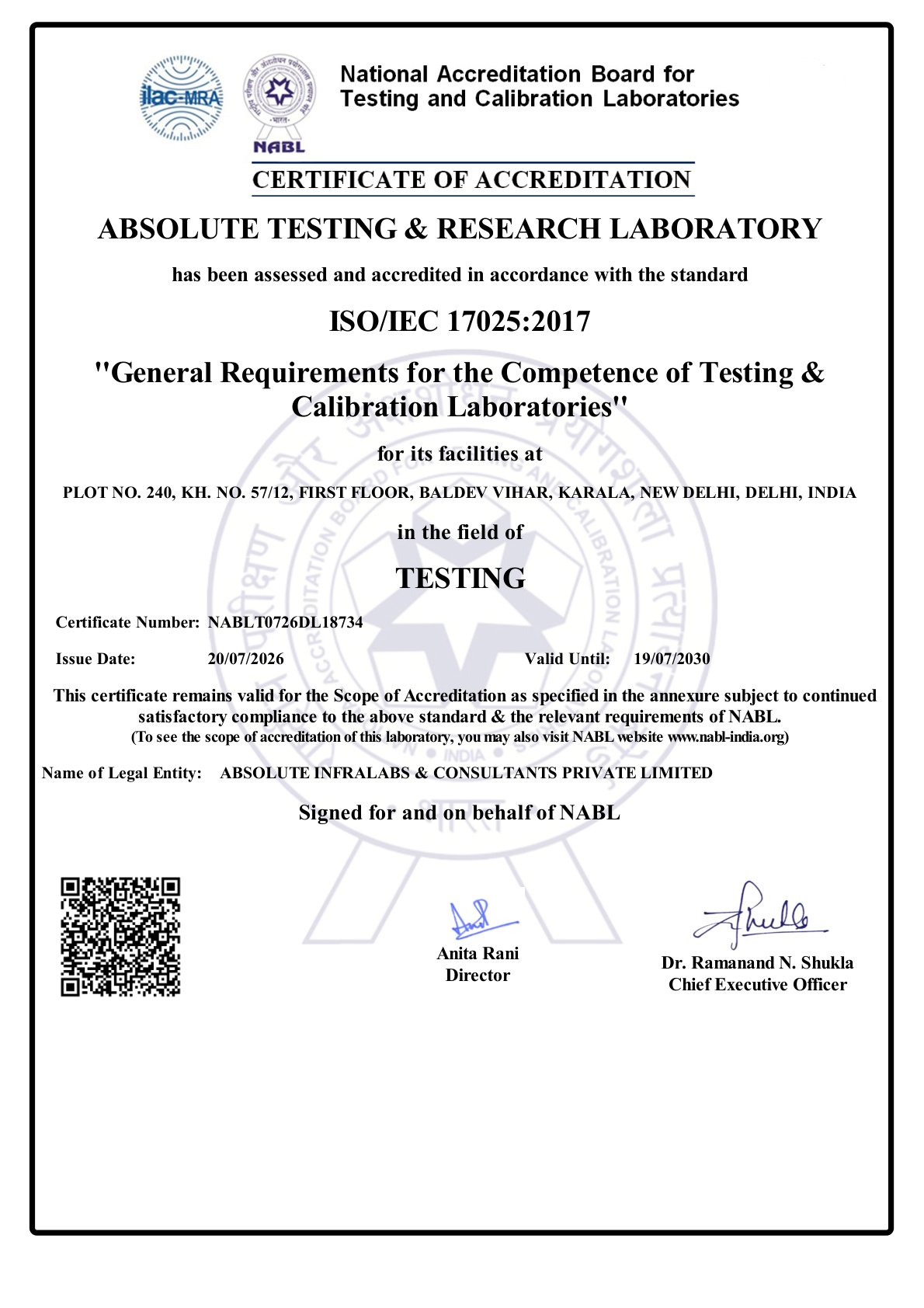 NABL Certificate TC-NABLT0726DL18734